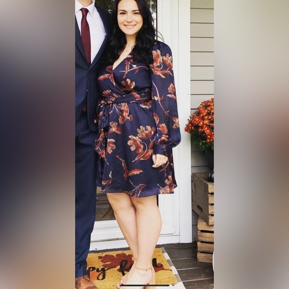 FLORAL SATIN TIE WAIST LONG SLEEVE MINI DRESS - Picture 1 of 3